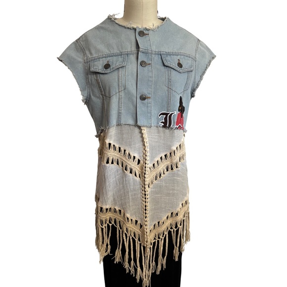 Customized Rockstar Denim Vest Jacket with Crochet and Braided Detail w/ Patches - Picture 11 of 12